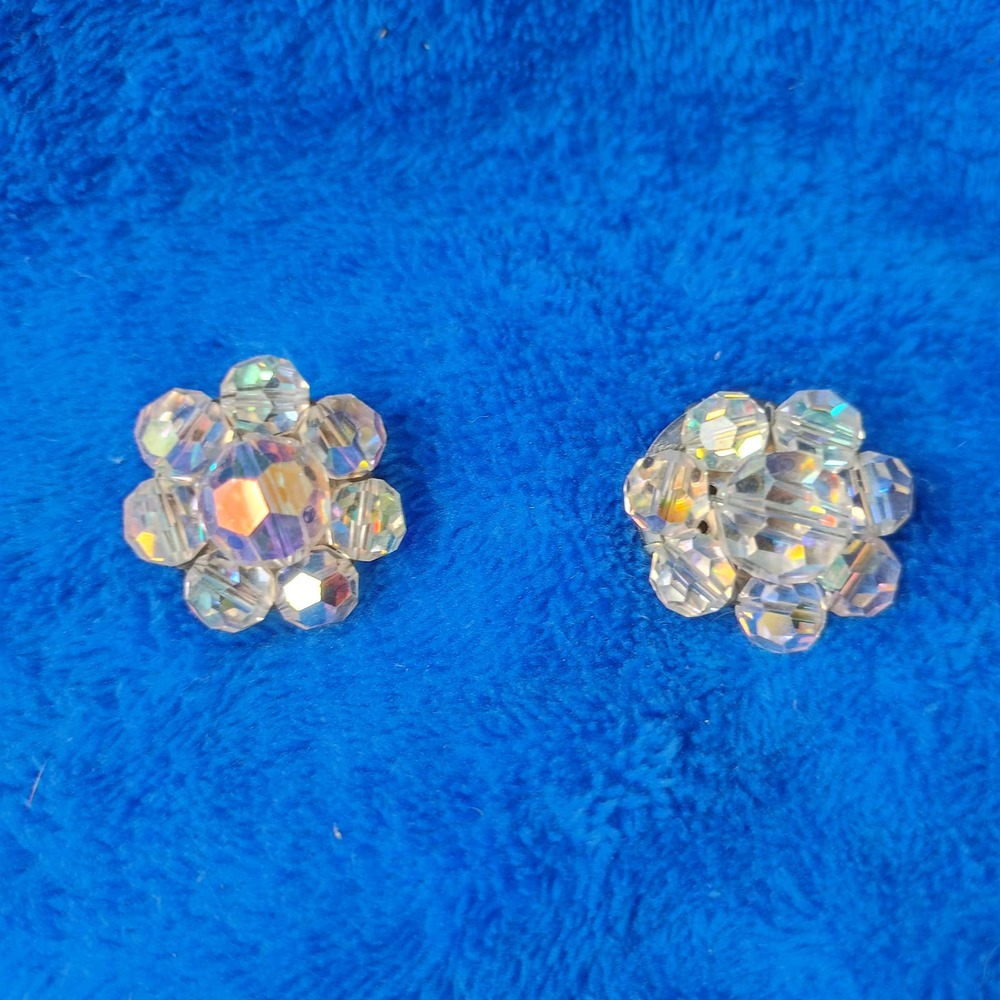 Vintage Aroura Borealis Cluster Crystal Beaded Flower Clip On Earrings